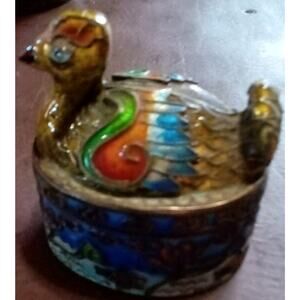 Vintage Golden Sterling Silver Hand Painted Enamel Duck W/Fish Trinket Box 2x2.5